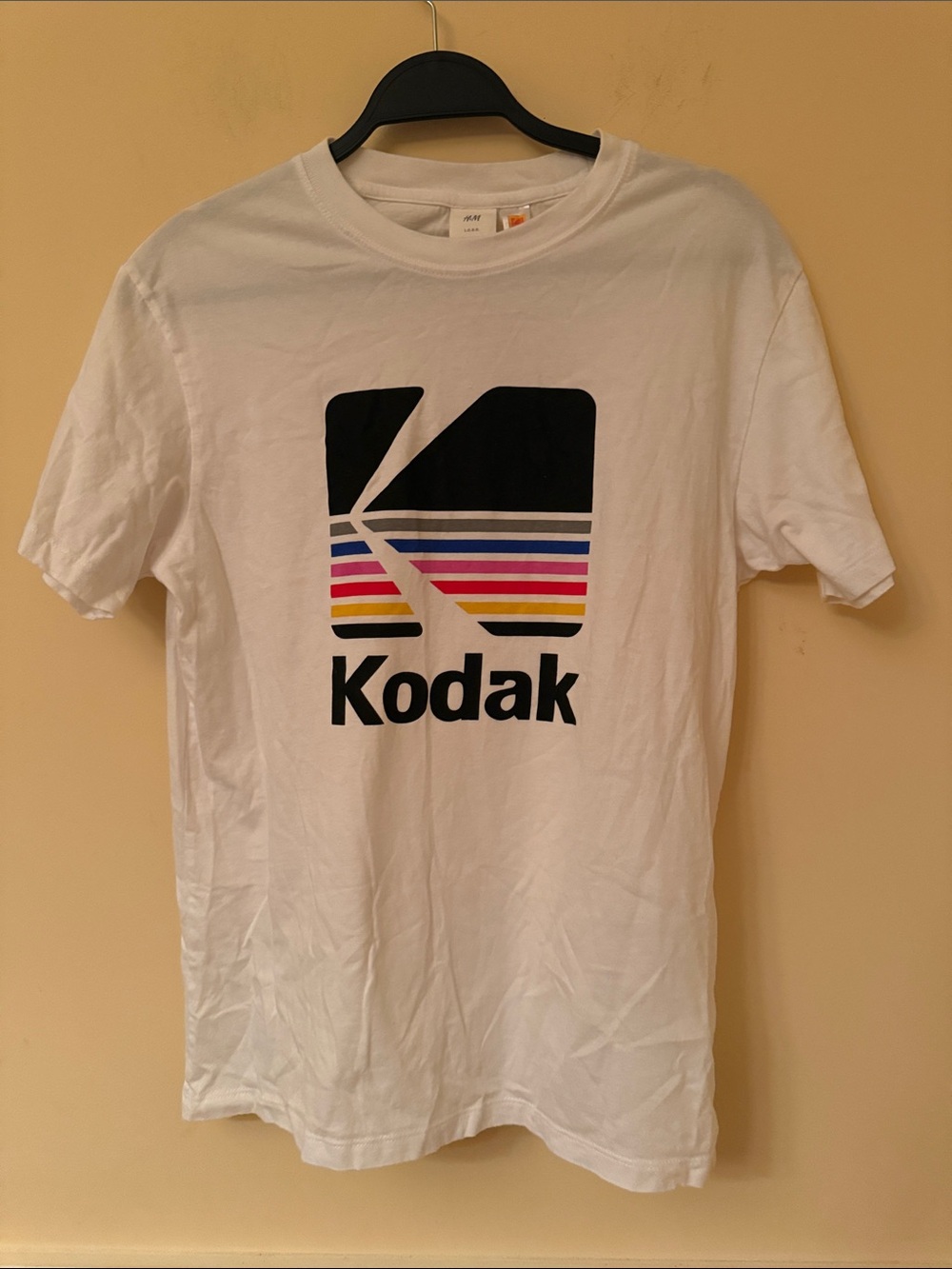 Kodak White Tee with Black Logo and Multicolor Stripes SZ small